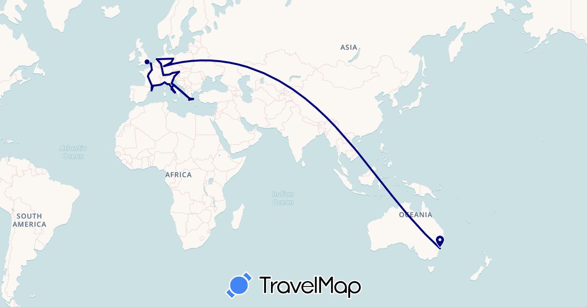 TravelMap itinerary: driving in Austria, Australia, Switzerland, Germany, Spain, France, United Kingdom, Greece, Italy, Liechtenstein, Netherlands (Europe, Oceania)