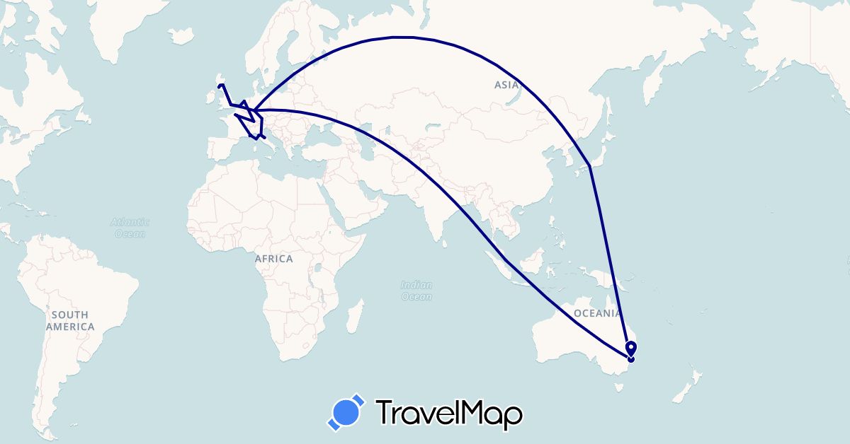 TravelMap itinerary: driving in Australia, Belgium, Switzerland, Germany, France, United Kingdom, Italy, Japan, Monaco, Netherlands, Singapore (Asia, Europe, Oceania)