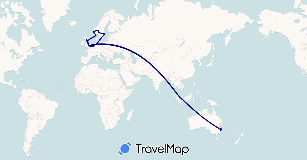 TravelMap itinerary: driving in Australia, Belgium, Germany, Denmark, France, United Kingdom, Netherlands, Norway, Sweden, Singapore (Asia, Europe, Oceania)
