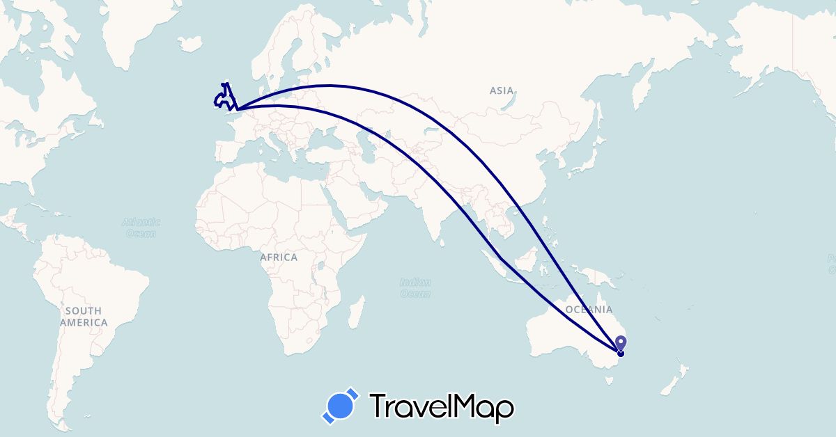 TravelMap itinerary: driving in Australia, United Kingdom, Ireland, Singapore (Asia, Europe, Oceania)