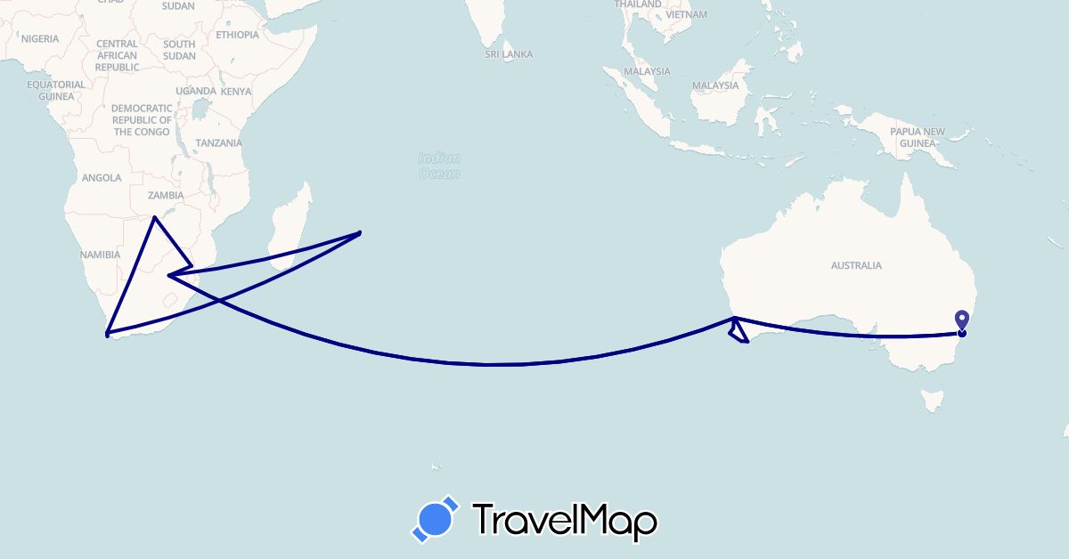 TravelMap itinerary: driving in Australia, Mauritius, South Africa, Zambia, Zimbabwe (Africa, Oceania)